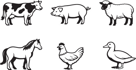 Fototapeta premium Farm animals black and white line art icon set eps