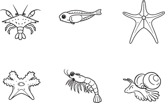 Marine Worms Black and White Line Art Icon Set eps