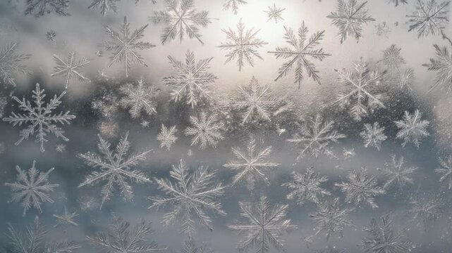 Intricate icy patterns form delicate snowflakes on a cold winter window pane creating a seasonal
