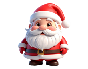 A cute, cartoonish Santa Claus stands with a bright red suit, hat, and big white beard. His face has rosy cheeks and a happy expression