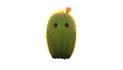 A cute, cartoon-like cactus character with blushy cheeks, big eyes, and a small flower. It has a radiant outline