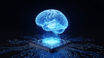 Illuminated brain hovering over a digital circuit board