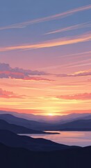 Obraz premium Serene landscape illustration captures the vibrant colors of a fading sun over layered mountains and a tranquil lake