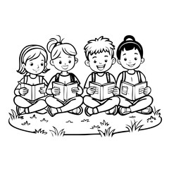 children reading book. kids studying with a book. Vector illustration