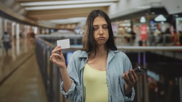 Woman holds creditcard and smartphone in hand inside mall building, eyes rolled and shoulder shrugging while looking at screen; payment frustration.