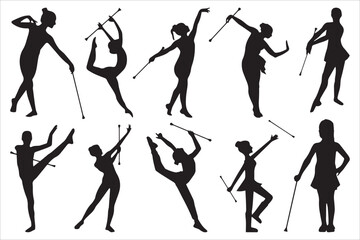 Silhouettes Of Baton Twirlers In Action