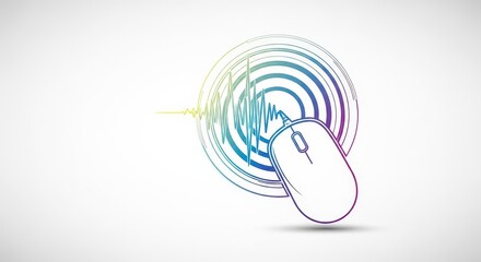 Outlined computer peripheral interacts with abstract sound wave and concentric ripple pattern