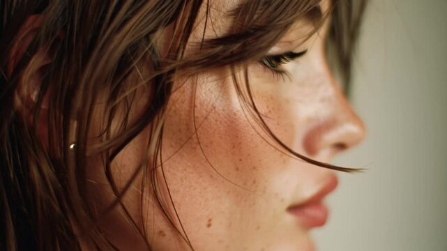 Close-up portrait of a young woman with freckles and brown hair.