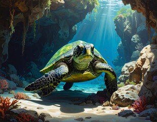 A mesmerizing underwater scene features a majestic sea turtle swimming towards the viewer in a sunlit grotto, surrounded by coral and rocks