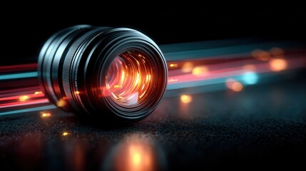 Close-up of camera lens with vibrant light trails on dark background