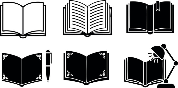 Open book icons set with pen and desk lamp vector illustration design for reading and education concepts