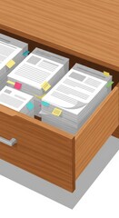 Obraz premium Stacks of organized paperwork fill a partially opened wooden file drawer.