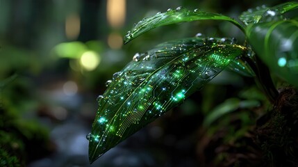 Glowing green leaf with circuit board design in forest
