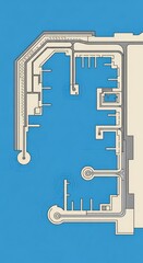 Fototapeta premium Nautical chart illustrates overhead perspective of an enclosed harbor layout with berthing slips