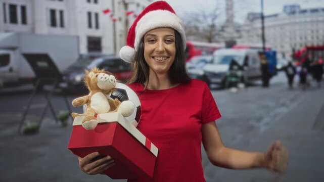 Woman holding red present with soccer ball and plush lion, fist raised in celebration on city street; holiday joy.