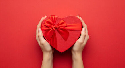 Close up on female hands holding a gift in a pink heart presents for valentine day, birthday, mother's day. Flat lay. Symbol of love. Valentines day background with a gift boxes on concrete