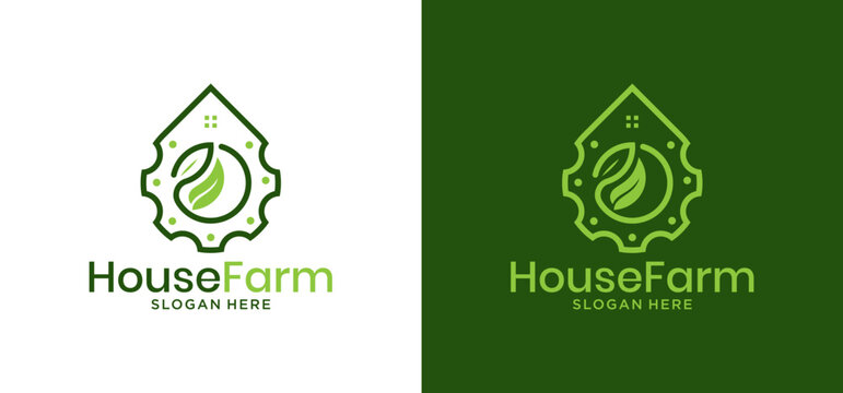 House farm logo with gear house and leaf symbol. Perfect for agriculture, technology, or environment related businesses looking for a modern design.