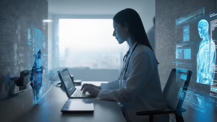 Future medical office, doctor working with advanced hologram technology on patient data analysis - Powered by Adobe