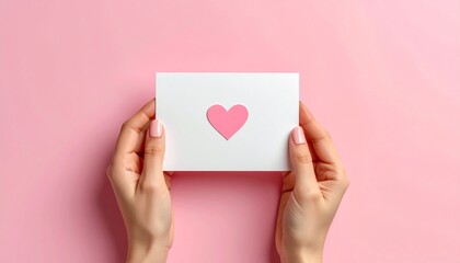 Hands holding blank greeting card with heart decoration, Valentine&rsquo;s Day concept, clean minimal background, soft studio lighting, copy space for text, commercial stock photography