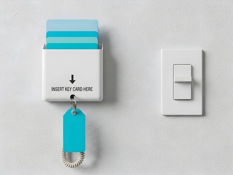 Clean, minimalist studio shot of a white hotel key card holder, stacked with bright cyan cards, activating room power next to a light switch.