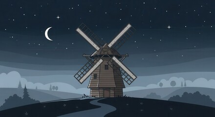 Naklejka premium Wooden windmill stands on a rolling hill under a dark, starry night sky