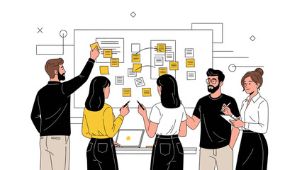 Diverse team collaborates on a project using sticky notes on a whiteboard.