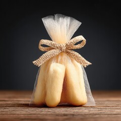 Delicate Pastry Wrapped in Tulle on Rustic Wooden Table
