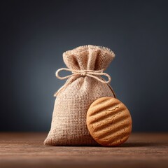Rustic burlap sack with a cookie on a wooden table background