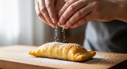 Hands sprinkling sugar on a golden-brown pastry on a wooden cutting board