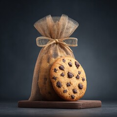 Freshly Baked Cookie in Burlap Bag on Wooden Board with Dark Background