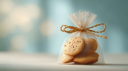 Delicate Bag of Homemade Cookies Tied with Twine on Blurred Background
