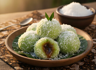 klepon: sweet, chewy glutinous rice balls filled with liquid palm sugar and coated in grated coconut, traditionally colored green with pandan leaves