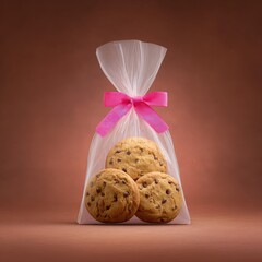 Freshly Baked Chocolate Chip Cookies in Clear Bag with Pink Bow