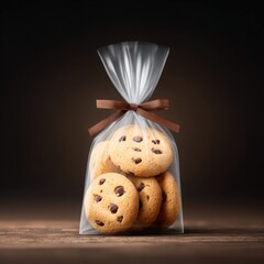 Freshly Baked Cookies in Clear Bag with Ribbon Against Dark Background