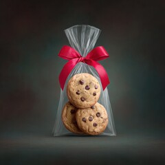 Chocolate Chip Cookies in a Gift Bag with Red Bow Decoration