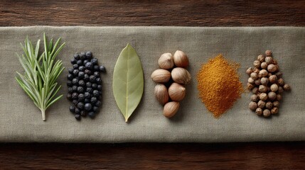 Display of Various Spices and Herbs on Rustic Fabric Background