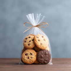 Freshly Baked Cookies in Clear Plastic Bag on Wooden Table Surface