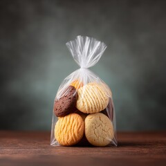 Assorted Delicious Cookies in Clear Plastic Bag on Wood Surface