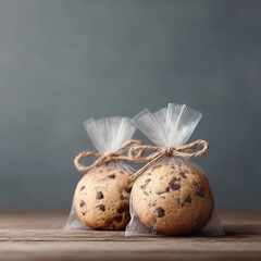 Delicious Chocolate Chip Cookies Wrapped in Clear Bags on Wooden Surface