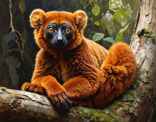 Obraz premium A stunning, detailed portrait of a lemur with vibrant orange fur and piercing eyes, resting on a mossy branch