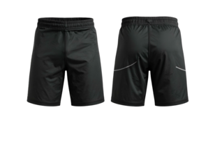 Two views of black athletic shorts with reflective detailing