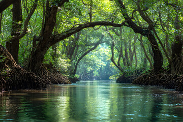Lush green mangrove forest with dense tangled roots and vibrant foliage, shallow brook flowing through the mangroves