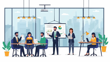 Business meeting with presentation in modern office setting.