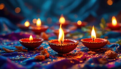 Warm Amber Candles Glow on Deep Blue Fabric with Golden Sparkles Festive Ambiance