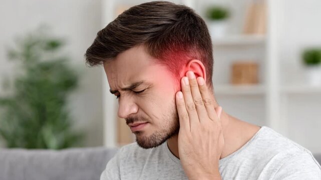 A man holds his ear in pain. The area is highlighted in red to indicate discomfort or infection.