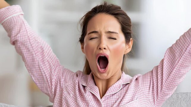 A young woman in pink pajamas yawns widely and stretches her arms up, looking tired and sleepy.