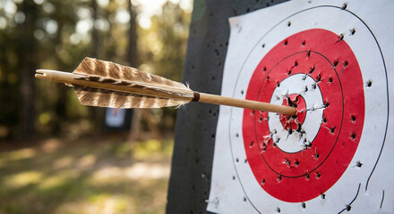 Arrow hitting center of red bullseye target