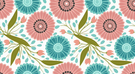 Cheerful floral pattern with stylized pink and blue flowers and green leaves on white background. © A B I G A I L