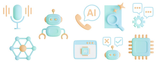 3D AI agent icon set for automation, smart scheduling, cybersecurity, and bot tech.