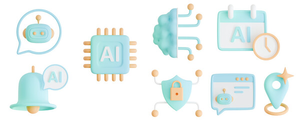 3D AI agent icon set for automation, smart scheduling, cybersecurity, and bot tech.